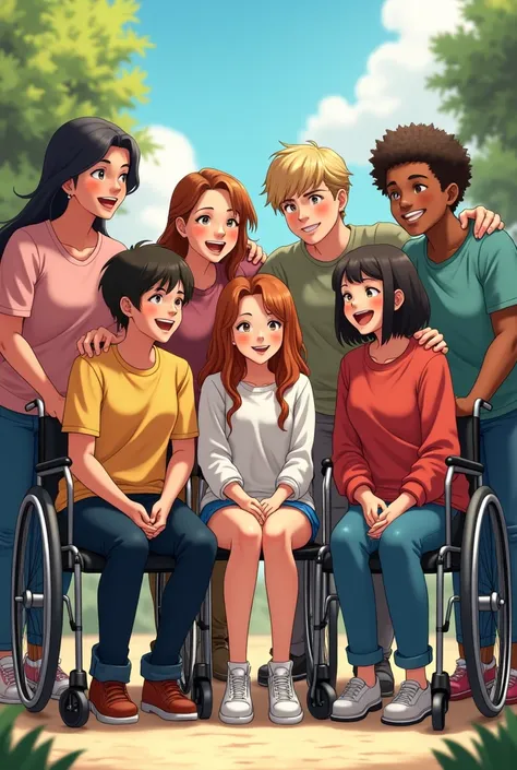 (photorealism:1.2),  people of different skin color，People with disabilities,  anime style，Laugh together ，Unity