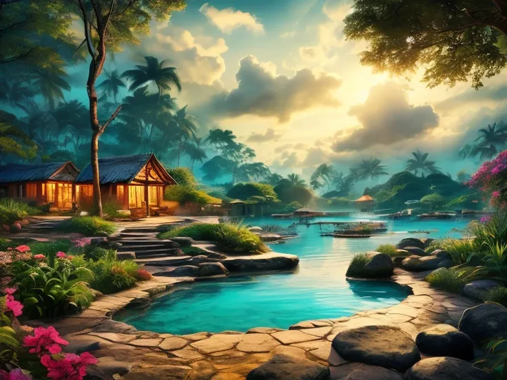 create a stunning painting of a beautiful lagoon. A roaring waterfall. Wonderful turquoise water. Lots of palm trees and a breathtaking jungle around the water. The lagoon opens onto a sandy beach and an open sea. In the foreground is a sandy beach. Breath...