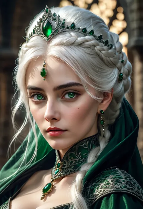 a targaryen princess with white hair, wearing a black-green medieval dress, beautiful detailed eyes, beautiful detailed lips, extremely detailed face, long eyelashes, intricate medieval dress, delicate facial features, regal expression, detailed fantasy ca...