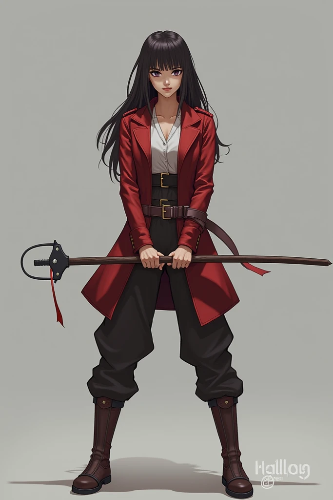 A photo of a woman in a Mikasa Ackerman cosplay, standing with her feet shoulder-width apart, knees slightly bent, and her body in a balanced, neutral position. She is holding the Arnis stick horizontally in front of her, with both hands gripping it firmly...