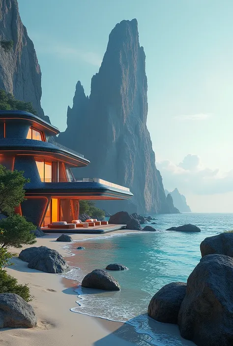 A luxurious beach cyber punk house