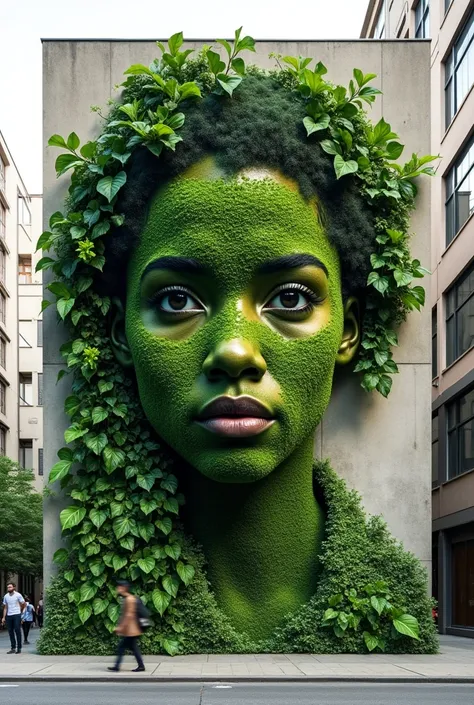  Generate an image of  : Make me a photo of a portrait-style street art piece made from greenery ( no paint , stylo etc... Just Greenery ) Less realistic 