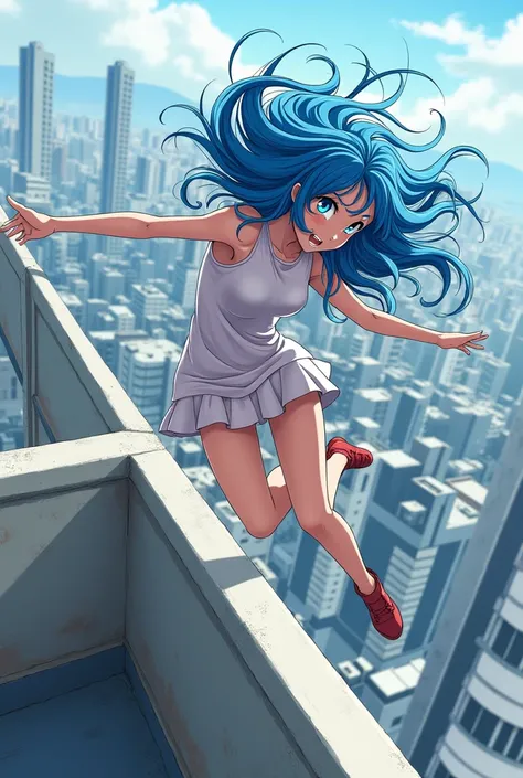 Kanade Yoisaki jumping off a roof