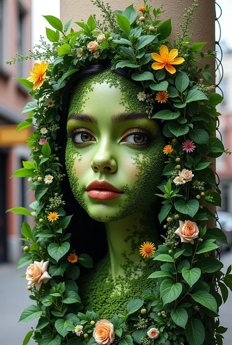  Generate an image of  : Make me a photo of a piece of street art portrait style made from greenery only greenery than greenery or flower ( no paint , stylo etc... Just Greenery ) Less realistic 