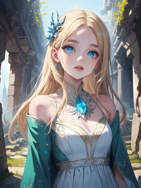 (masterpiece, best quality, extremely detailed, absurdres), Cute girl standing in ancient ruins, girl, blonde, blue eyes, white dress, magical fantasy landscape, dynamic angle, detailed face, long eyelashes, mysterious and beautifully detailed eyes, beauti...