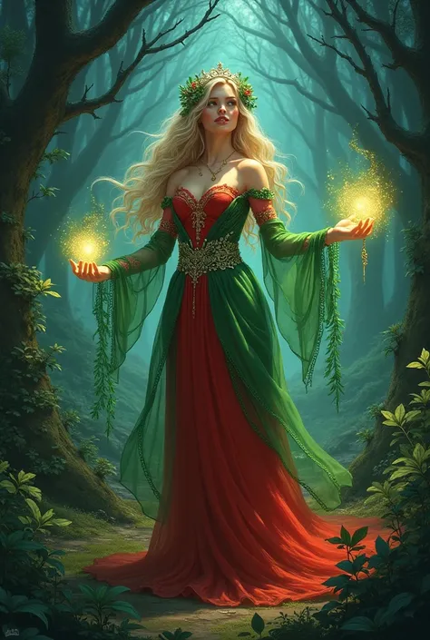 Beautiful woman with blond long hair ,have red and green dress making spels with herbs and make magic ,in the night ,she is in the forest have magic