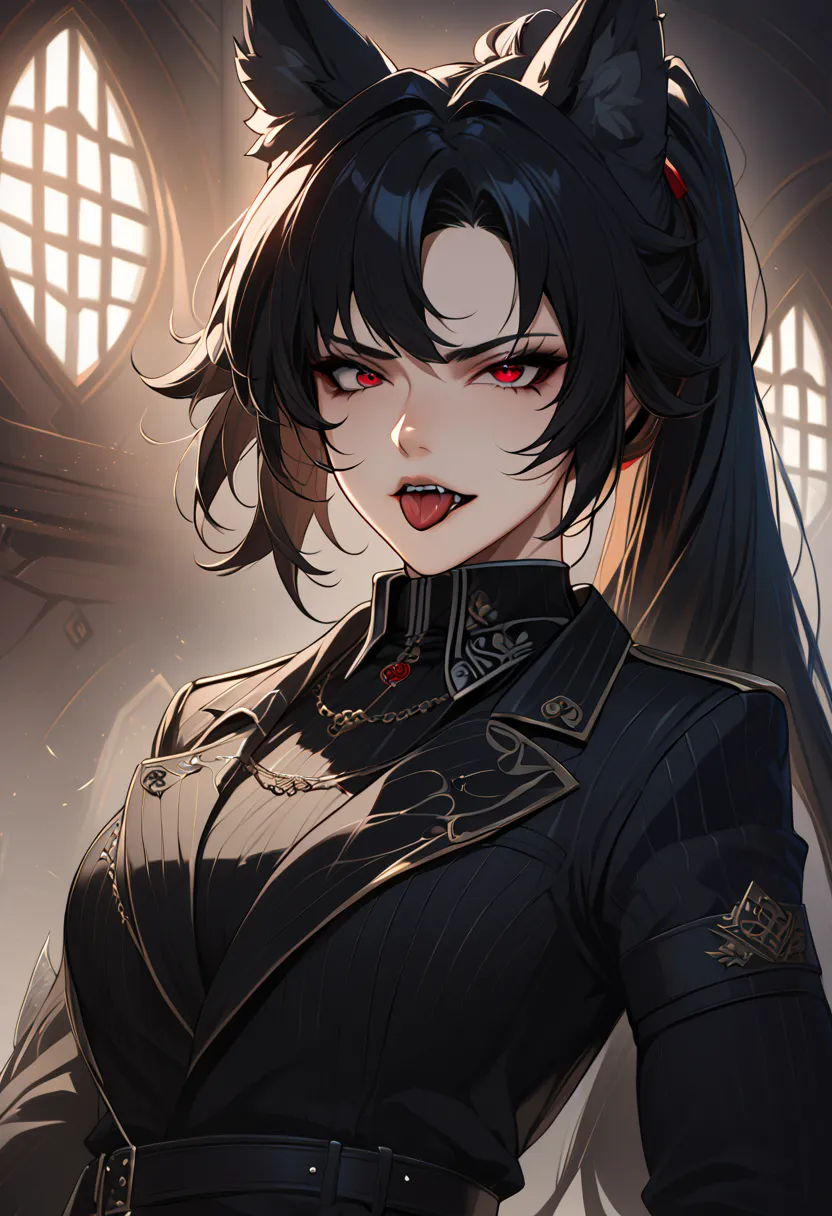 beautiful anime woman wearing a black military trench coat, tight black jeans pants, wolf ears, wolf tail, half wolf and half human, red eye color, black hair in a ponytail, light novel art, detailed anime art, anime, regal, royal, sexy, thicc, beautiful f...