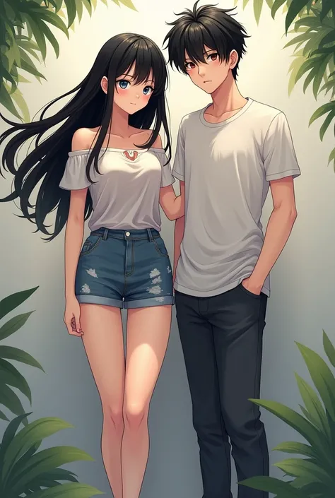 anime couple in casual attire ,  black hair,  standing looking straight ahead for a photo,  voluptuous woman