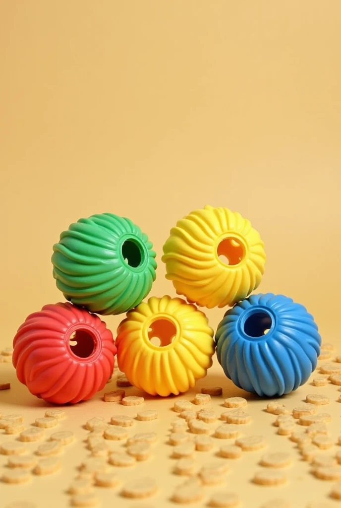 real image that shows four colorful rubber balls in a group against a plain beige background designed with interlocking ridges and grooves. Each ball has a small hole running through its center. The colors of the balls are red, green, yellow, and blue. The...