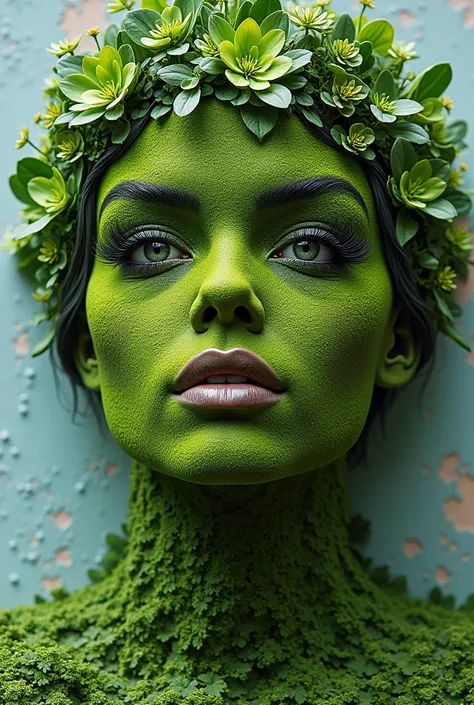  Generate an image of  :  Take me a photo of a piece of street art portrait style made from greenery only greenery than greenery or flowers ( no paint , stylo etc... Just Greenery ) Less realistic THE GREEN LIPS PLANT YOU MAKE THE LIPS THE EYEBROWS THE WHO...