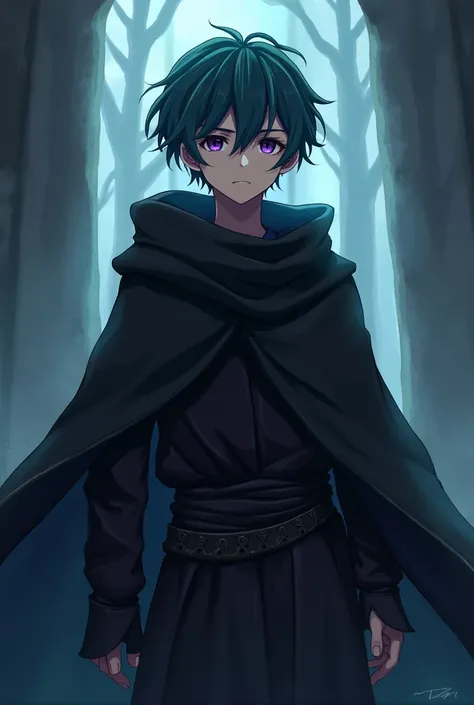 Young fantasy guy ,  in a black cloak , anime, dark purple eyes and blue-green hair