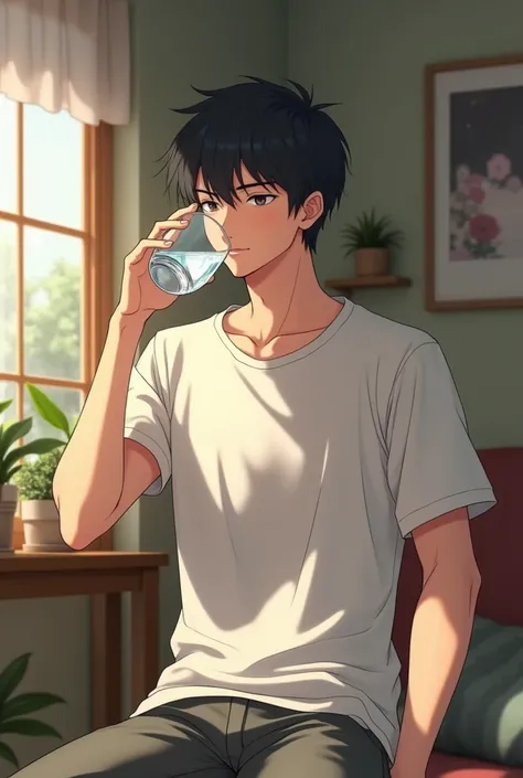 A man drinking water at home.  Anime pic look realistic