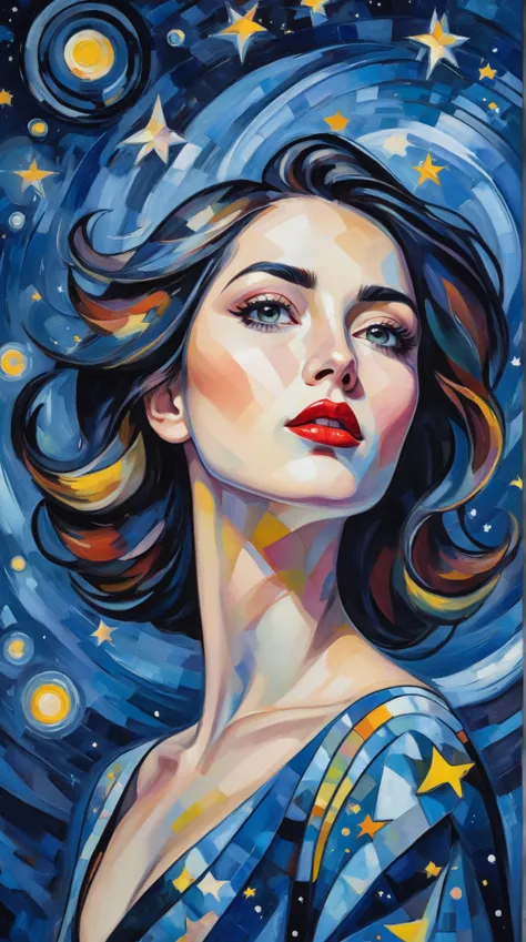 (best quality,realistic,highres:1.2),soft toned, oil painting,impressionistic strokes,From Cubism, Fauvism to Surrealism and Abstractionism, woman, their art concept and pattern all have been embodied in fashion design.Starry Sky background