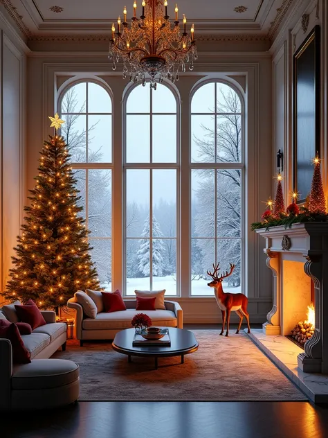 A luxurious neo-classical living room with high ceilings featuring intricate moldings and a bright, elegant design. The space showcases tall windows framing a winter wonderland, where a deer and its fawn are gazing inside, adding a touch of magic to the sc...