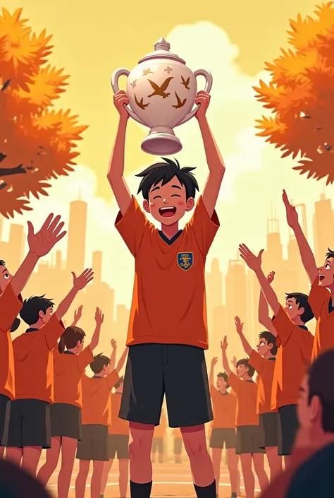 The person in the middle holds a white bird-pattern trophy. There is an orange squirrel, there is a Bodhi tree, there is freedom, sports school, Orange colour, safety landmarks, cheerful. many people a little cheer, look like war world but its not war worl...