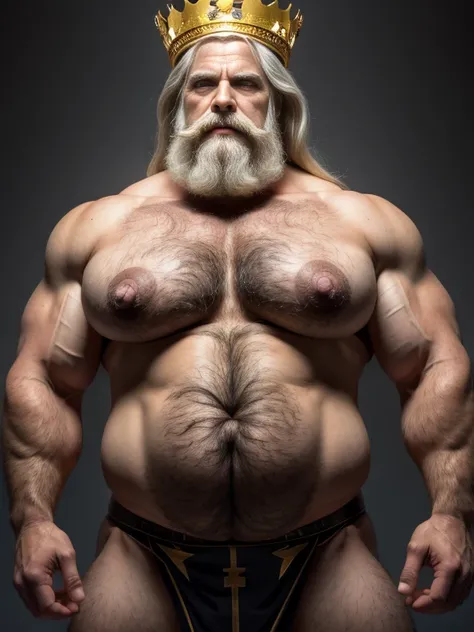 ((   Hyperrealistic image))   old god Zeus with a crown of golden laurels on his head , very long white hair and a large gray moustache shaped like a handlebar , Bare and hairy chest,     bodybuilder over 80 years old who weighs more than 200 kg     , with...