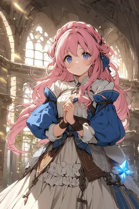 An inventor girl passionate about uniting magic and technology in a medieval era, attractive and sweet, with long tied up hair