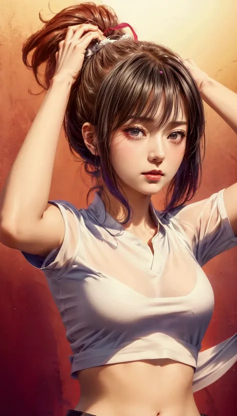 arafed image of a woman with a ponytail in a white shirt, female protagonist 👀 :8, makoto shinka, sayori, makoto, seductive anime girl, gapmoe yandere, iwakura lain, female anime character, inspired by Li Shida, kusanagi, sui ishida art manga, realistic