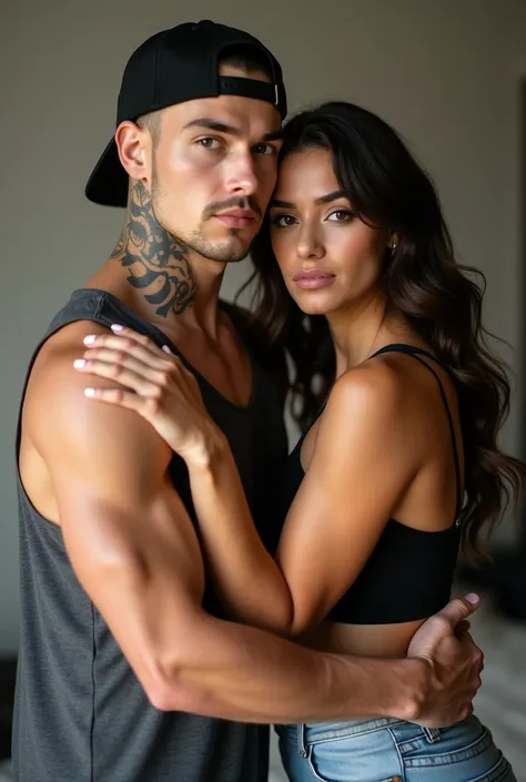 muscular boyfriend, tan skin, wearing a backwards black cap, Vadim tatted on his neck. Curvy girlfriend hugging, looking at the camera