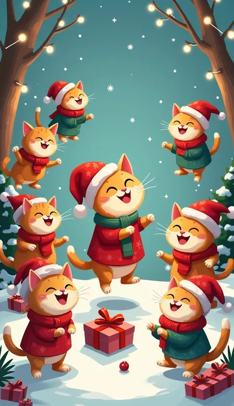 cats christmas playing wallpaper for phone theme, cartoon style