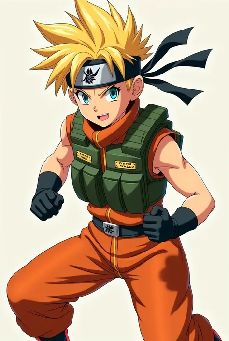 "Design an anime character that combines elements of a vibrant and confident ninja with a disciplined and determined martial artist. The characters outfit merges a bright orange jumpsuit with a green tactical vest, creating a balanced blend of boldness and...