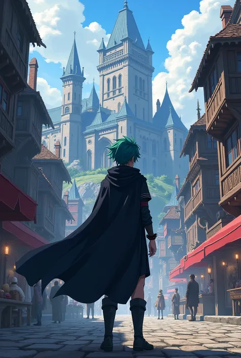 The medieval city of beastmen . Young fantasy guy ,  in a black cloak , anime,  has dark purple eyes and blue-green hair