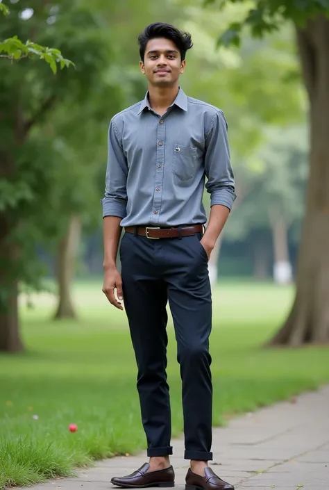 19 year old Bangladeshi  boy with soft skin narrow body posing for a linkedin picture in shart and pant and loper in nature background 