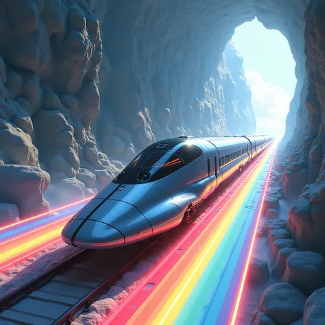 The express train of the future, streamlined body , Shiny metallic exterior, Rainbow-colored trail behind the train, A train that floats and runs in a different space, Wormhole, Edo period, compressed landscape, Futurism, anime, super detail, high details,...