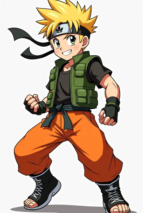 "Design an anime character that combines elements of a vibrant and confident ninja with a disciplined and determined martial artist. The characters outfit merges a bright orange jumpsuit with a green tactical vest, creating a balanced blend of boldness and...