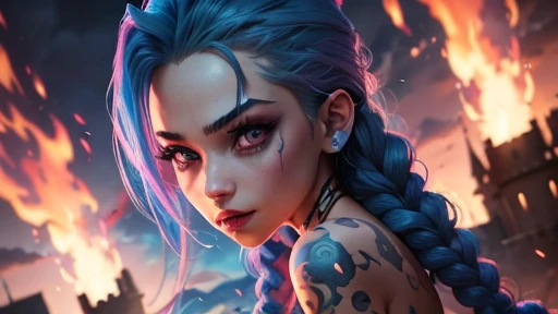  Jinx League of Legends half-naked ,  blue hair, lots of braids,  pink eyes , cloud tattoos .  fantasy style . against the backdrop of the castle,  detailed face, high quality in full height, photo,  hd quality behind her fire, background fire full-length ...