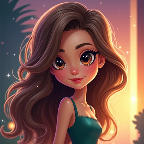 Design a captivating and elegant cartoon illustration of a beautiful girl, exuding charm and warmth. She should have large, expressive eyes with a soft sparkle, a gentle smile that conveys friendliness and approachability, and a subtle, confident pose that...