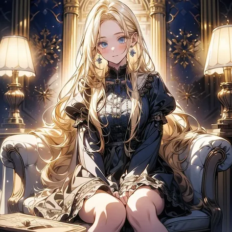 masterpiece, best quality, high resolution,Perfect light and shadow,8k wallpaper,illustration, ray tracing , A cute girl , blond hair,long hair,Straight Hair, blue eyes ,Princess dress decorated with lace in a hollow pattern,Miniskirt , showing my thighs, ...