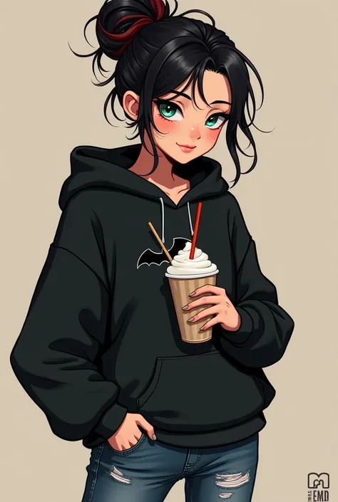 Skya Wayne is a young woman with black hair and dark red highlights. Her face is delicate and beautiful, framed by messy hair pulled back into a bun. She has dark emerald eyes, sharp and serious. She usually wears a black hoodie, torn jeans and black sneak...