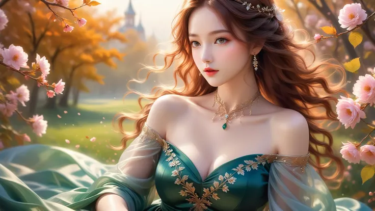 A Masterwork In 32K Resolution, Unmatched Quality, Ultra-Fine Details, Official Art, Supreme 32K Wallpaper, Gorgeous And Ethereal, Highly Detailed Features, Spellbinding Detail, Dutch Angle, Hyper-Realistic, Spring Landscape. One Girl, Solitary, Chestnut A...