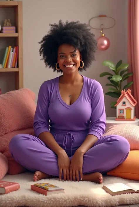 Une jeune trentenaire métisse, de corpolence obèse, aux cheveux noirs de 6 cm et frisés assise en tailleur sur un tapis moelleux et des coussins colorés. Elle a des tâches de rousseur, un grain de beauté et arbore un grand sourire. Elle porte des vêtements...