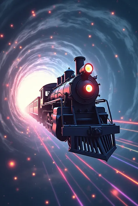 steam locomotive running in space, Steam locomotive, Shiny metallic exterior, Rainbow-colored trail behind the train, A train that floats and runs in a different space, Wormhole, Edo period, compressed landscape, Futurism, anime, super detail, high details...