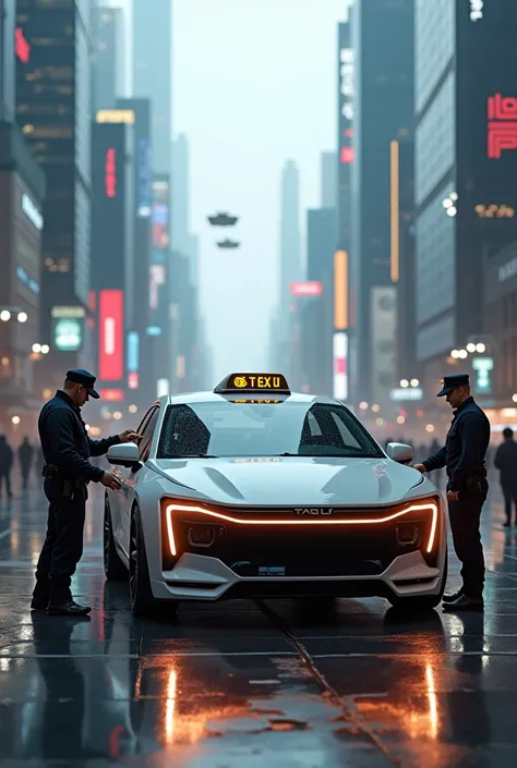 There is a mysterious driverless taxi in the future 2100. A future driverless taxi is suspicious and the police are walking around the driverless taxi. The police are investigating.