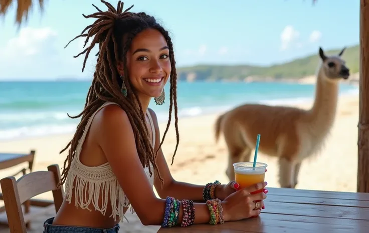 A full-body portrait of a young woman dressed in a bohemian-style top, denim shorts, with dreadlocks hairstyle, wearing multicolored crystal bracelets. She is sitting at a table with a drink, turning sideways to look at the camera. The beach is in the back...