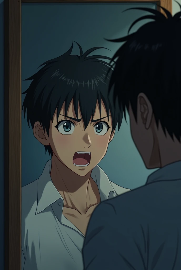 A man angry on himself in mirror . 
 Anime pic look realistic