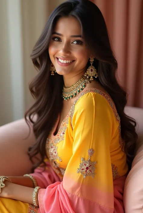 A young woman in a beautiful yellow and pink traditional Indian outfit, sitting on a couch, looking at the camera with a smile on her face. The image has a soft and dreamy feel to it. The womans hair is long and flowing, and she is wearing intricate jewelr...