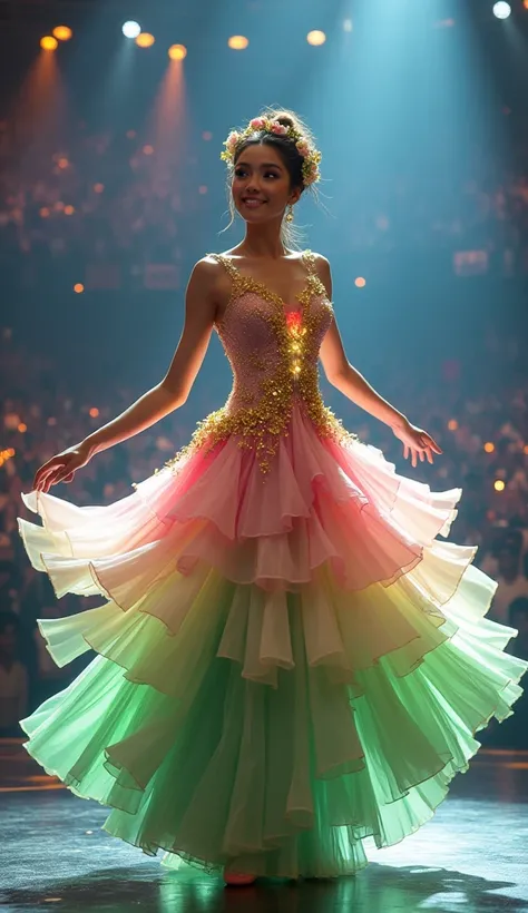 A graceful young woman dances elegantly in the center of the America’s Got Talent stage. She wears a stunning floral-inspired dress, crafted from layers of silky fabric that resemble delicate flower petals. The colors shift from soft pink at the top to vib...