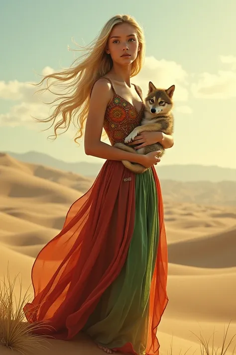 Young beautiful woman with blond hair ,red and green dress standing in the sand and holding little wolf 