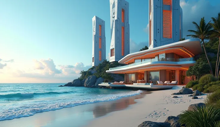 A luxurious beach cyber punk house