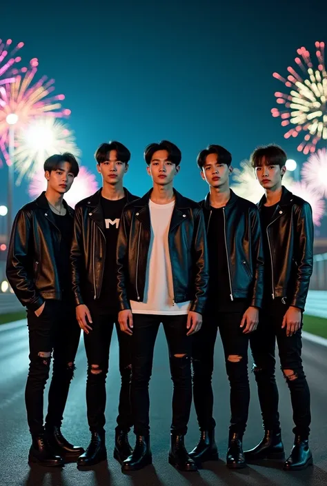 
Five Handsome Korean Young Guys, Photoshoot, At Motor Race Track, Wearing Black Leather Jacket, Standing look to the Back Night, Fireworks at the back, Ripped White T-Shirt, Black Leather Pants, Black Boots Highly Detailed, Detailed Face, Detailed Hair Ul...