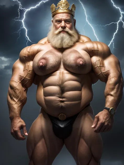 ((   Hyperrealistic image))   old god Zeus with a crown of golden laurels on his head , very long white hair and a large gray moustache shaped like a handlebar , Bare and hairy chest,     bodybuilder over 80 years old who weighs more than 200 kg     , with...