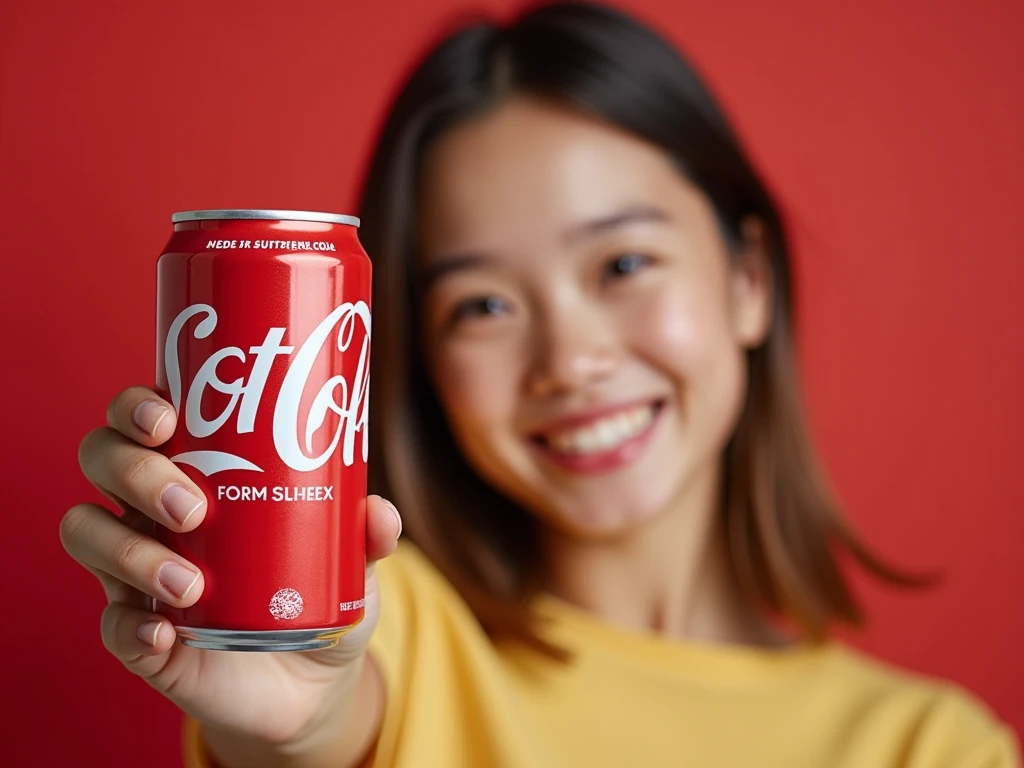 A beautiful girl holding a "Soft Cola" can with the logo of the can clearly visible for the soft cola commercial banner, her cheerful expression highlighting the sleek can with its bold, vibrant label.