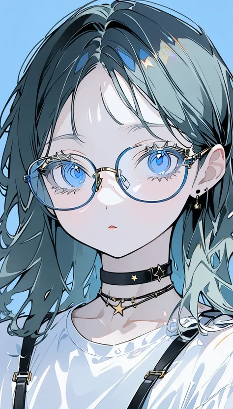  Minimalist ，Stylish girl， dark green hair ， blue background、Glasses、Transparent eyelashes， bright blue eyes、Im wearing a black choker with ３ gold star brackets around my neck、