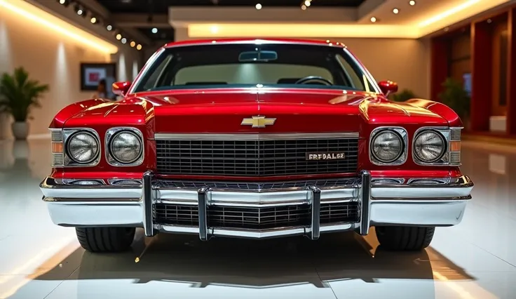 Close Front view view of painted Red color with shiny clour 1974  Chevrolet Impala sleek in large shape sedan in large size with ford  logo on its large detailed grille in shiny white clour with angular sporty design captured from close front view with mod...