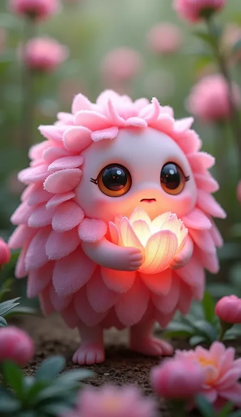 Design a playful peony creature with a soft, rounded body covered in layers of fluffy pink petals. Its bright, curious eyes peek out from the center of its bloom-like face. The creature stands in a lush garden surrounded by blooming peonies and delicate gr...