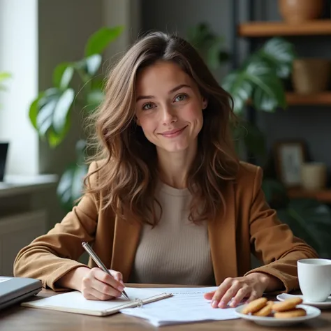 Peux-tu créer une image à partir de ce prompt : femme européenne de 35 ans aux cheveux brun foncés et lisses. Elle est secrétaire. Il y a un cadre photo montrant sa petite fille et son petit garçon. Sur le bureau il y a aussi une assiette avec des cookies....